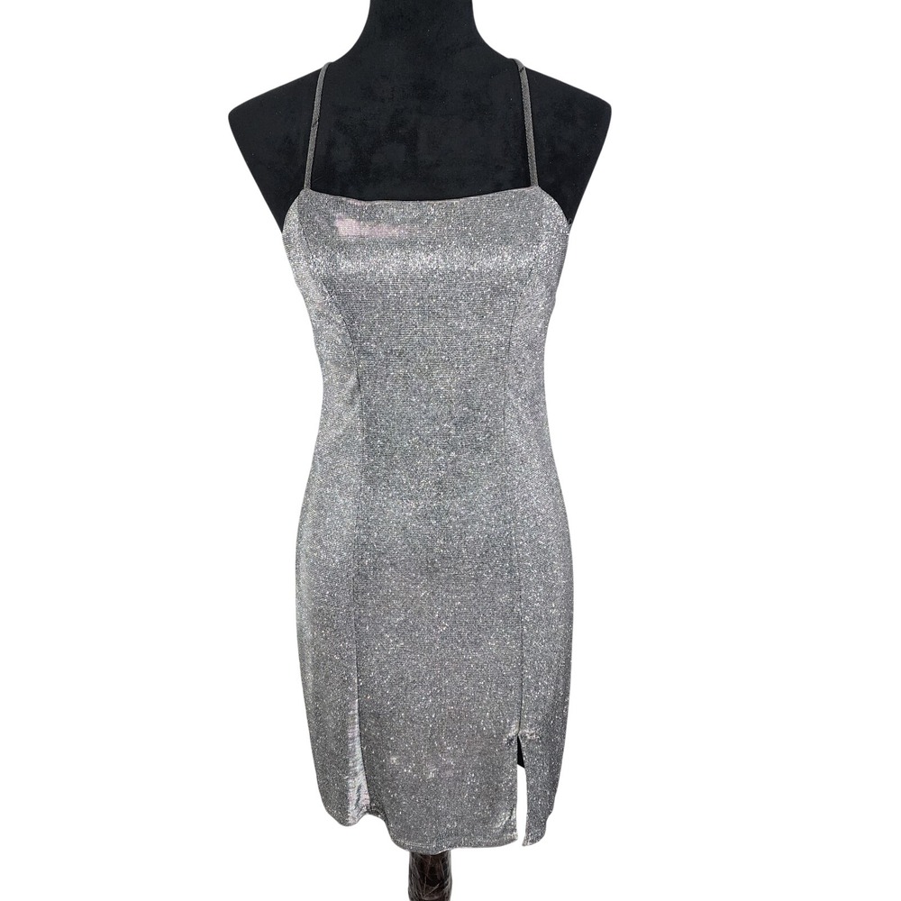 SEQUIN HEARTS Size 7 Slinky Silver Crossback Princess Seam Mini‎ Bodycon Dress